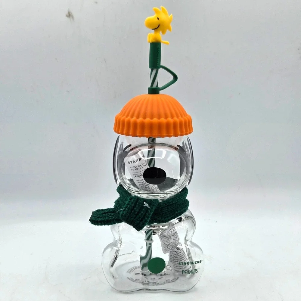 Starbucks x Peanuts Snoopy Glass Cup Clear w/ Orange Lid & Straw